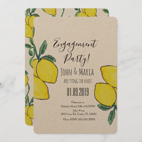 Watercolor Lemon Vine Greenery Engagement Kraft Invitation