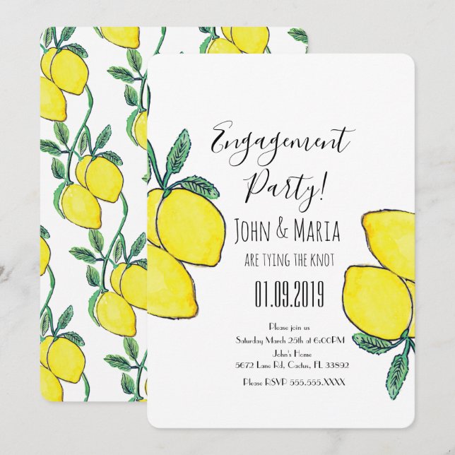 Watercolor Lemon Vine Greenery Engagement Party Invitation (Front/Back)