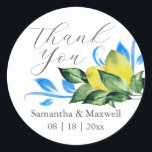 Watercolor Lemon Wedding Favor Classic Round Sticker<br><div class="desc">These Tuscan wedding stickers feature botanical watercolor lemons and greenery art. The words "THANK YOU" are set in a trendy hand lettered script typography. Use the simple template fields to add your custom information. A rustic yet elegant choice to adhere to your wedding favors. To see more visit www.zazzle.com/dotellabelle Art...</div>