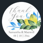 Watercolor Lemon Wedding Favor Classic Round Sticker<br><div class="desc">These Tuscan wedding stickers feature botanical watercolor lemons and greenery art. The words "THANK YOU" are set in a trendy hand lettered script typography. Use the simple template fields to add your custom information. A rustic yet elegant choice to adhere to your wedding favors. To see more visit www.zazzle.com/dotellabelle Art...</div>