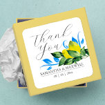 Watercolor Lemon Wedding Favor Square Sticker<br><div class="desc">These Tuscan wedding stickers feature botanical watercolor lemons and greenery art. The words "THANK YOU" are set in a trendy hand lettered script typography. Use the simple template fields to add your custom information. A rustic yet elegant choice to adhere to your wedding favors or to use as an envelope...</div>