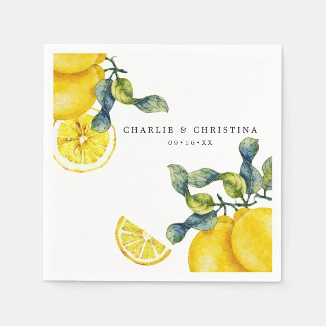 Watercolor Lemon Wedding Paper Napkins (Front)