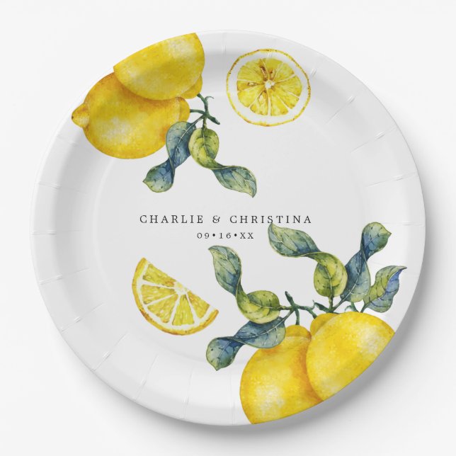 Watercolor Lemon Wedding Paper Plates (Front)