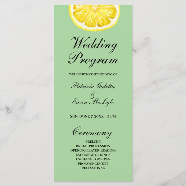Watercolor Lemon Wedding program 4x9 flat (Front)