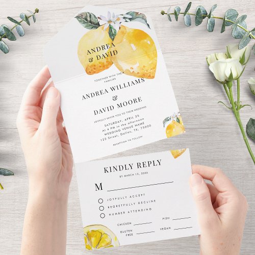 Watercolor Lemon White Floral Citrus Wedding All In One Invitation