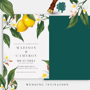 Watercolor Lemon, White Flower Wedding Invitation