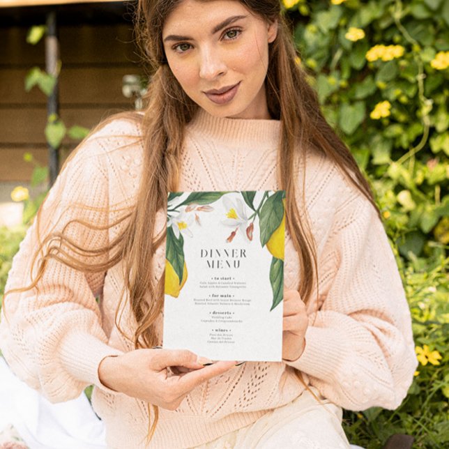 Watercolor Lemon, White Flower Wedding Menu Invitation (Creator Uploaded)