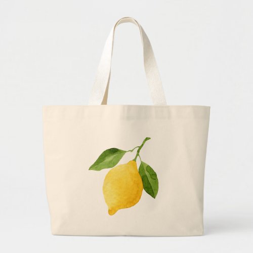 Watercolor lemon with green leaves large tote bag