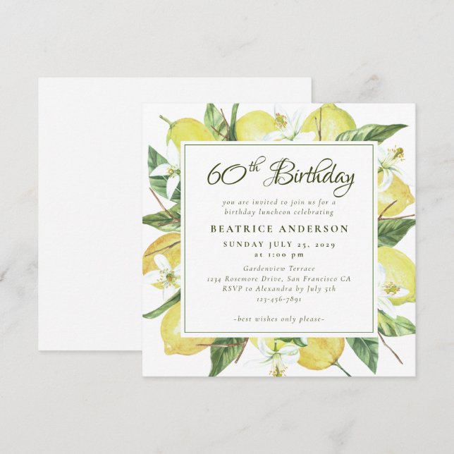 Watercolor Lemon Wreath 80th Birthday Brunch Invitation (Front/Back)