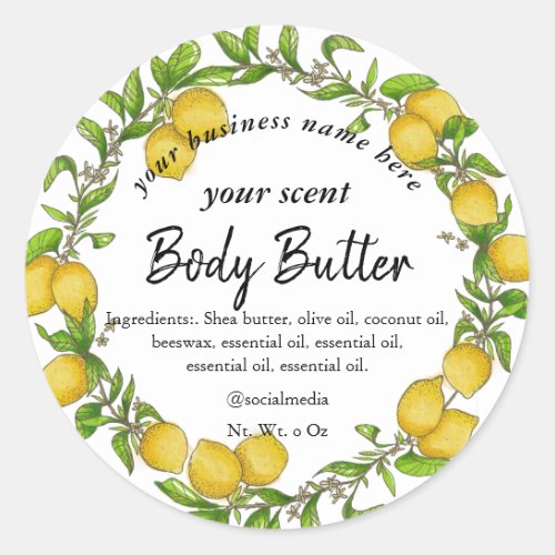 Watercolor lemon wreath body butter body scrub classic round sticker