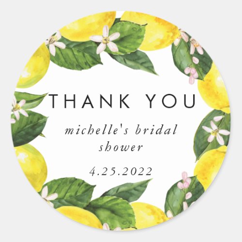 Watercolor Lemon Wreath Bridal Shower Thank You  Classic Round Sticker