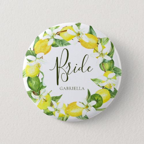 Watercolor Lemon Wreath Bride Bridal Shower Button