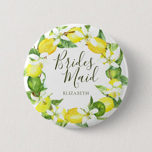 Watercolor Lemon Wreath Bridesmaid Bridal Shower Button