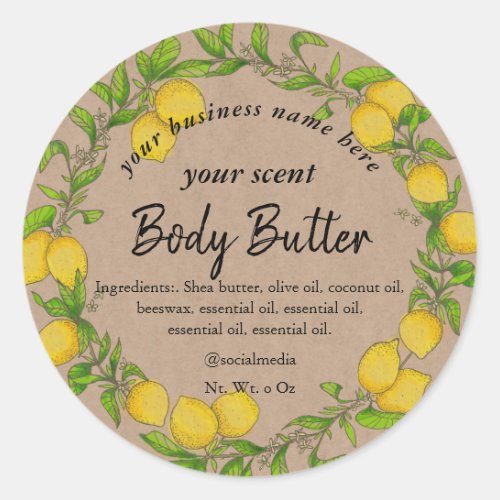 Watercolor lemon wreath brown paper body butter classic round sticker