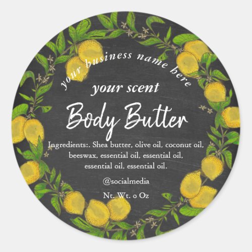 Watercolor lemon wreath chalkboard body butter classic round sticker