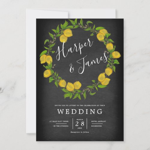 Watercolor lemon wreath chalkboard details wedding invitation