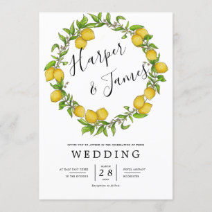 Watercolor lemon wreath details wedding invitation