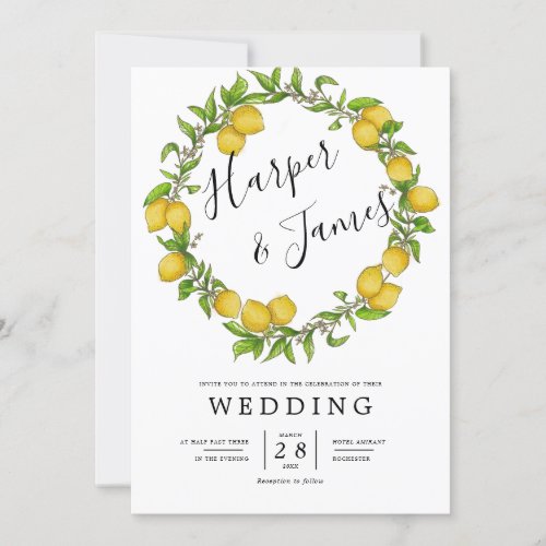 Watercolor lemon wreath details wedding invitation