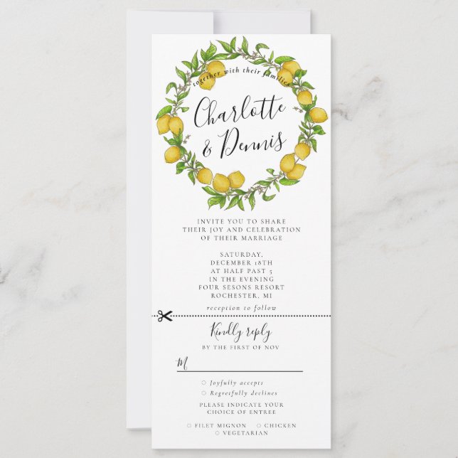 watercolor lemon wreath w rsvp attached wedding invitation (Front)