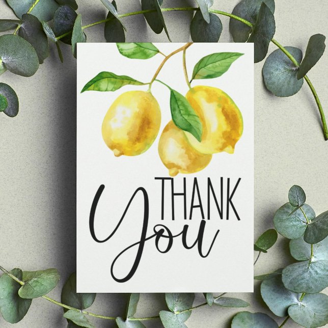 Watercolor Lemon Yellow Thank You Card (Watercolor lemon drop thank you flat card features fun typography as well as citrus watercolor.)