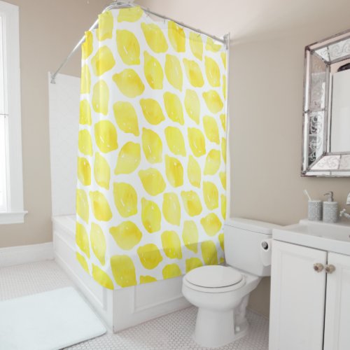 Watercolor Lemon Yellow White Summer Pattern Shower Curtain