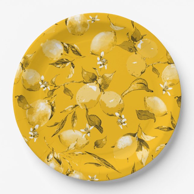 Watercolor lemons 10 paper plates (Front)