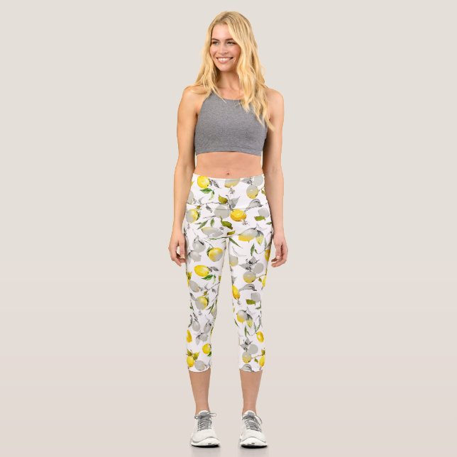 Watercolor lemons 21 capri leggings (Front)