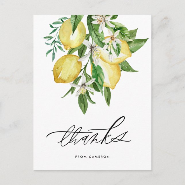 Watercolor Lemons and Blossoms Thank You Postcard (Front)