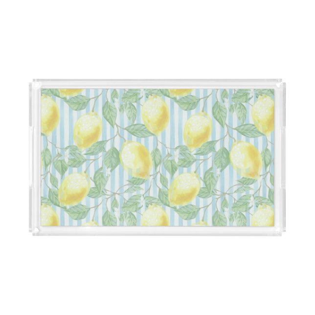 Watercolor Lemons and Blue Stripes Acrylic Tray (Front)