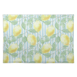 Watercolor Lemons and Blue Stripes Cloth Placemat