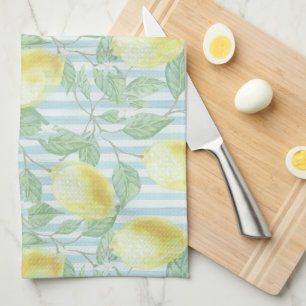 Watercolor Lemons and Blue Stripes Monogrammed Kitchen Towel