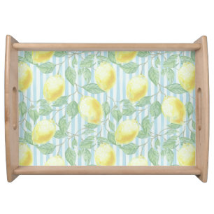 Watercolor Lemons and Blue Stripes Serving Tray