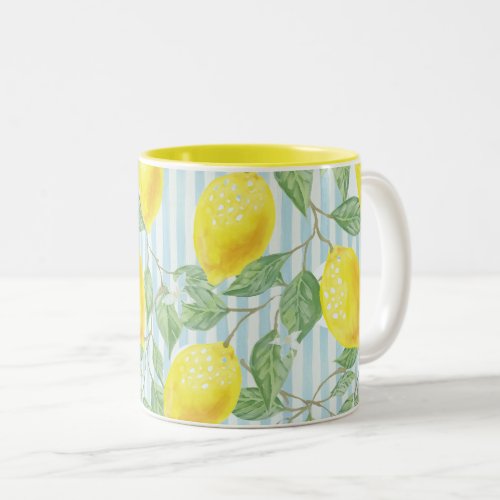 Watercolor Lemons and Blue Stripes Two_Tone Coffee Mug