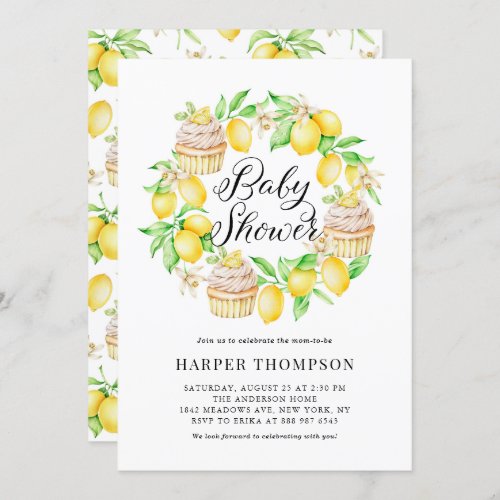 Watercolor Lemons and Cupcakes Wreath Baby Shower Invitation