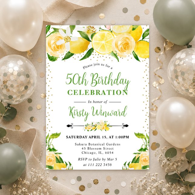 Watercolor Lemons and Flowers 50th birthday Invitation (Creator Uploaded)