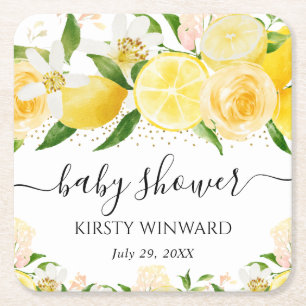 Watercolor Lemons and Flowers Baby Shower Square Paper Coaster
