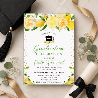 Watercolor Lemons and Flowers Graduation Invitation