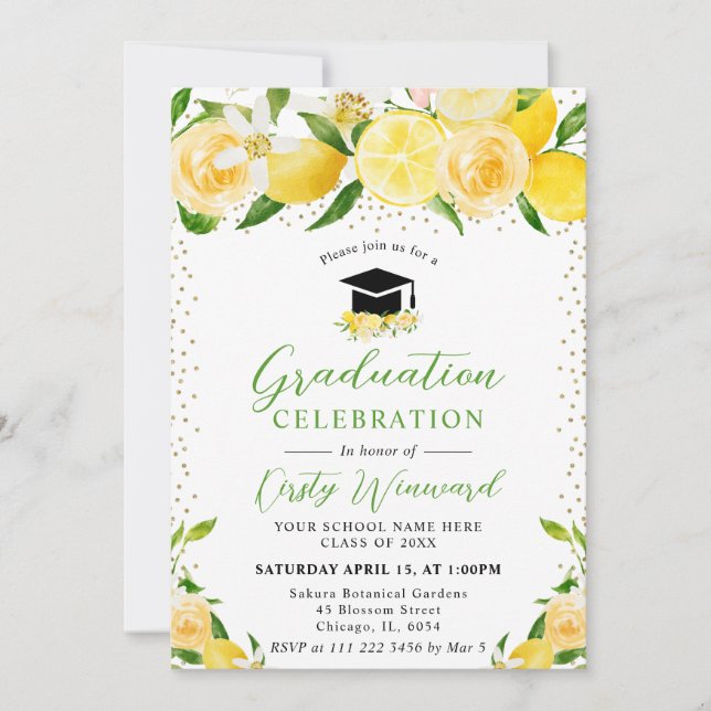 Watercolor Lemons and Flowers Graduation Invitation (Front)