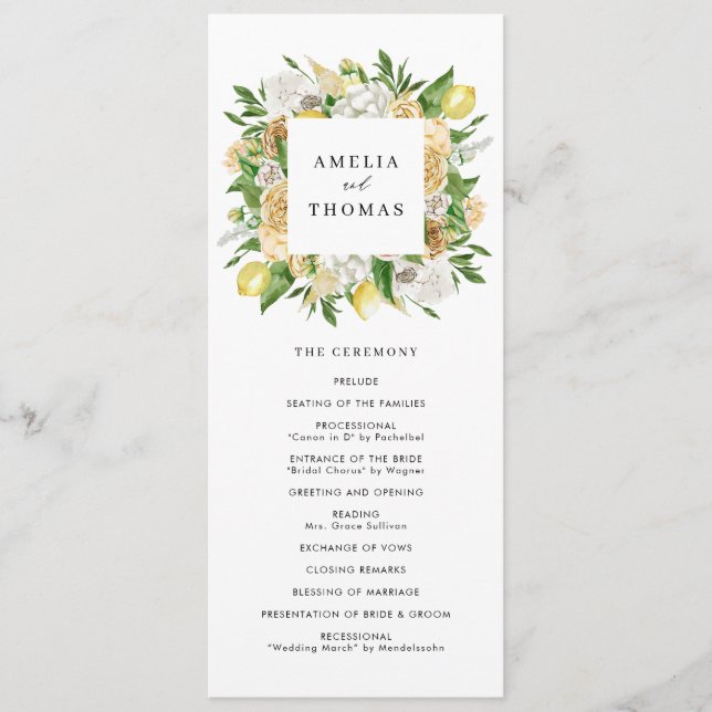 Watercolor Lemons and Flowers Summer Wedding Program (Front)