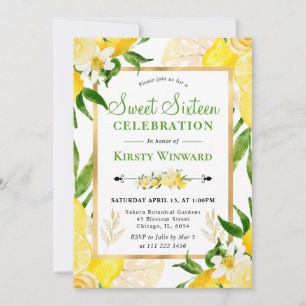Watercolor Lemons and Flowers Sweet 16 Invitation