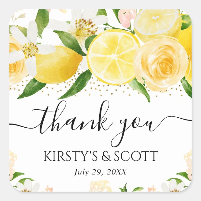 Watercolor Lemons and Flowers Wedding Square Sticker (Front)