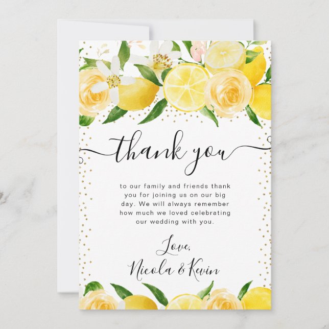 Watercolor Lemons and Flowers Wedding Thank You Card (Front)