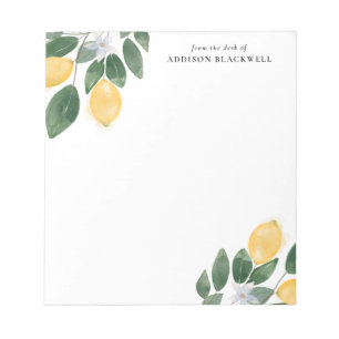 Watercolor Lemons and Foliage Notepad with Name