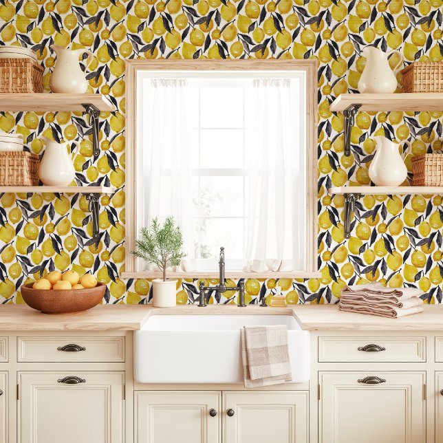 Watercolor Lemons and Gray Leaves Wallpaper (Creator Uploaded)