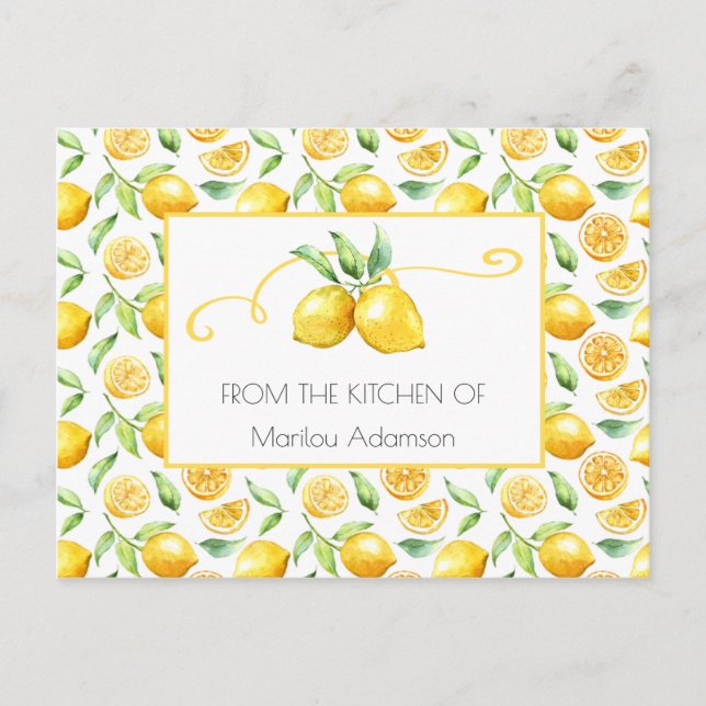 Watercolor Lemons and Green Leaves Recipes | Postcard (Front)
