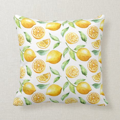 Watercolor Lemons and Green Leaves | Throw Pillow