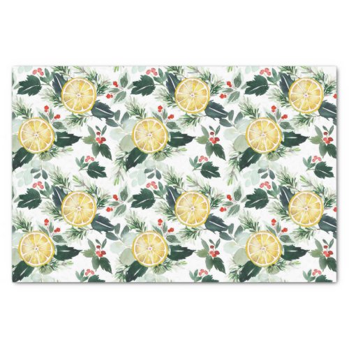 Watercolor Lemons and Greenery Christmas Pattern Tissue Paper