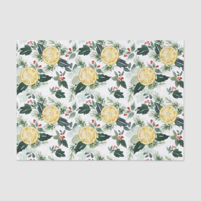 Watercolor Lemons and Greenery Christmas Pattern Tissue Paper (Front)