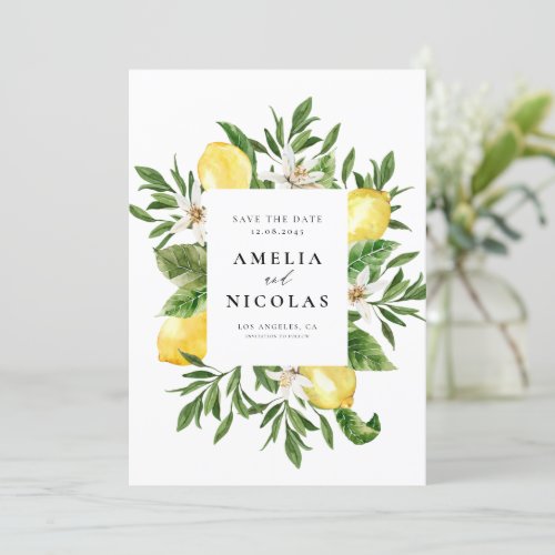 Watercolor Lemons and Greenery Frame Botanical Save The Date