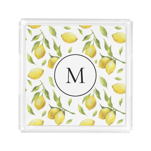 Watercolor Lemons and Greenery Pattern Monogram Acrylic Tray